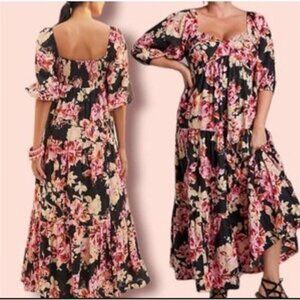 Anthropologie Floral Peasant Maxi Dress‎ Black Pink Blossom Tiered Size Large